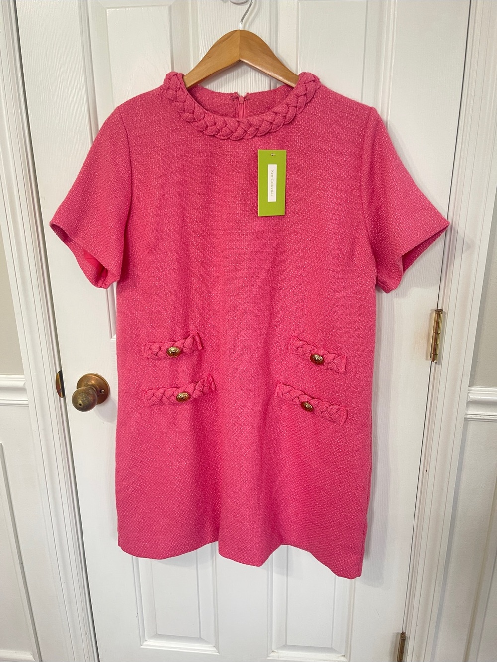 Pink Tweed Jackie Dress Large Braided Trim Mini Shift Gold Button - Picture 3 of 9
